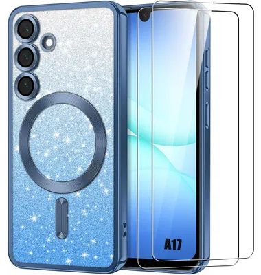 Image de Coque + 2 Verres Trempés pour Samsung Galaxy A17 4G/5G, avec Vitre Objectif Cercle Magnétique - Bleu Pailleté