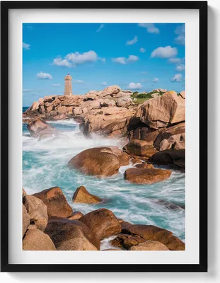 Produktbild von Wasser, Felsen und ein Leuchtturm– Wandbild mit Rahmen – Gerahmtes Bild  – Wanddekoration – 60x80 cm –  Schwarz Rahmen