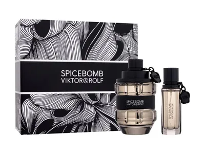 A gift set of Viktor & Rolf Spicebomb Eau de Toilette, including a large bottle and a smaller travel-sized bottle, presented with its packaging.