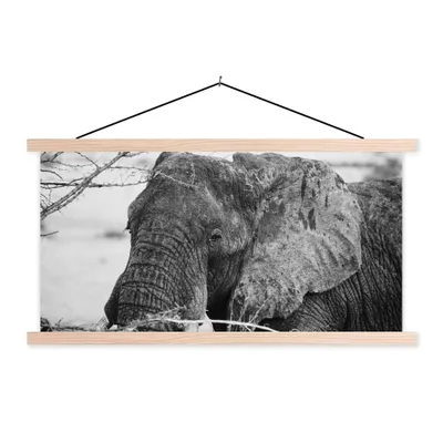 Produktbild von MuchoWow® Textilposter Elefant - Tiere - Äste - Natur - Schwarz und weiß 120x60 cm mit holzfarbenen Rahmen - Klemmleiste