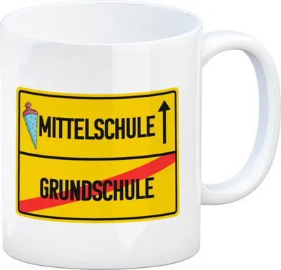 Produktbild von Mittelschule Ortsschild Kaffeebecher zur Einschulung