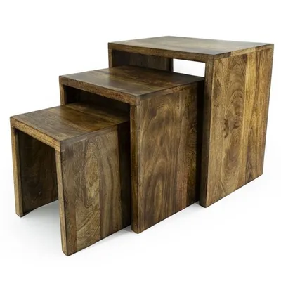 Three nesting tables made of dark wood are shown against a white background.