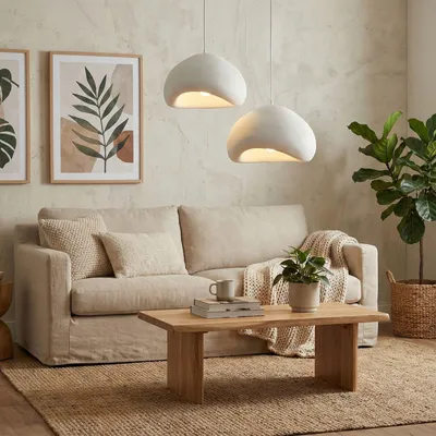 Produktbild von Opviq, Hochwertige Deckenleuchte (Metallkörper, Fiberglas-Kappe), Weiß, 50 x 44 x 30 cm | Höhenverstellbar 55 - 116 cm | 2 x E27 Max 40 W, Elegantes Design für moderne Räume.