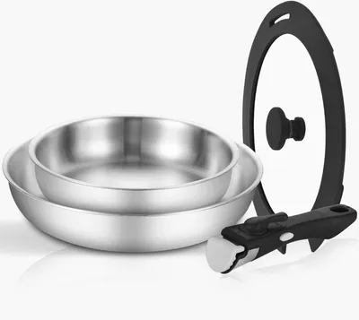 Produktbild von Pfannenset Edelstahl 22+28 cm mit Deckel, Induktionsgeeignet, Abnehmbarer Griff, Stapelbar, Backofenfest
