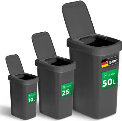 Image de Novaliv Set de poubelles 10L + 25L + 50L, Poubelle avec couvercle 2en1, couvercle rabattable & couvercle basculant, Poubelle anti-odeur pour cuisine ménage bureau, Poubelle seau déchets plastique poubelle