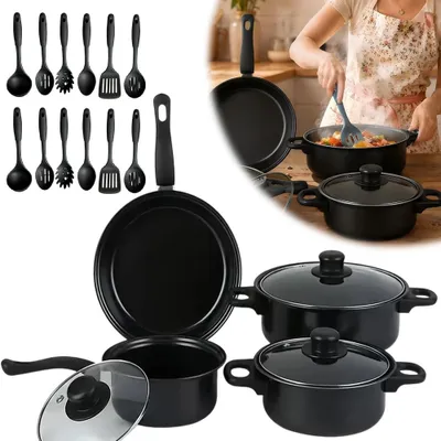 Produktbild von Kochtopf Set 16-teilig Hochwertiges Topfset für Induktion Glaskeramik & Gas Antihaftbeschichtung Kochtöpfe mit Glasdeckel & Küchenhelfer Töpfe & Pfannen