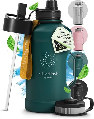 Productafbeelding van Drinkfles RVS 2,2 liter - Met rietje en 3 doppen - BPA-vrij