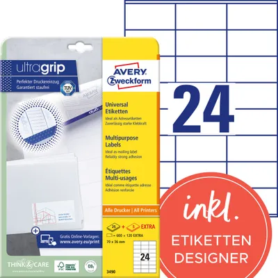 Produktbild von Avery Zweckform 3490 Universal-Etiketten, A4 mit ultragrip, Adressaufkleber 70 x 36 mm, weiß
