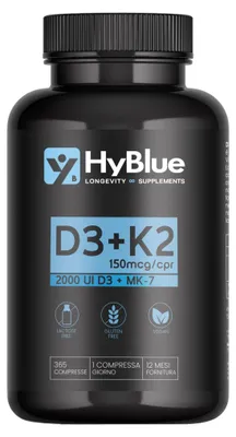 Immagine prodotto di HyBlue Vitamina D3 K2 Mk7 360 Cpr | Vitamina D3 2000 UI + K2 100 Μg Alta Biodisponibilità | Vit D3 K2 Ossa, Denti e Difese Immunitarie | No Glutine Ne Lattosio, 100% Vegano | Fino 12 Mesi