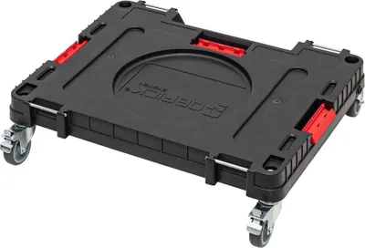 A black transport platform with red accents and silver wheels, shown from a diagonal angle on a white background.