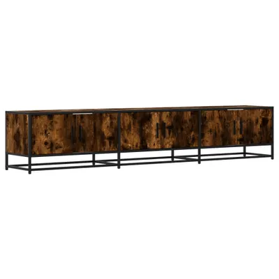 A long, dark wood-effect TV cabinet with black metal legs and frame, shown against a white background.