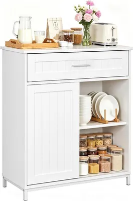 Produktbild von WOLTU Sideboard, Küchenschrank mit Arbeitsplatte, Aufbewahrungsschrank mit Schiebetür Schublade : Weiß Farbe: Weiß