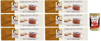 Produktbild von Pasticceria Matilde Vicenzi Lingue di gatto riegel Butterplätzchen cookies kekse italien snack 6x 100g + Itlaian Gourmet polpa 400g