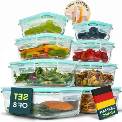 Zdjęcie produktu dla Pojemniki szklane do przechowywania - Szklane pojemniki - Przygotowywanie posiłków - Hermetyczne zamknięcie - Zestaw 8-elementowy - Przezroczyste