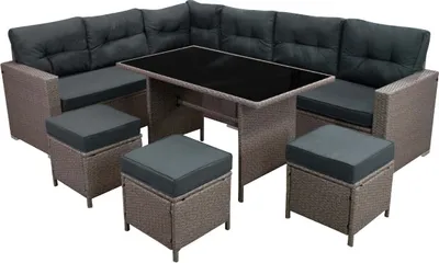 Immagine prodotto di Set da giardino in rattan e polyrattan, divano ad angolo grigio, pouf, tavolo con piano in vetro, protezione UV, impermeabile, cuscini di seduta e schienale grigi, set da giardino con copertura antipioggia in omaggio