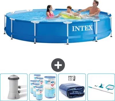Produktbild von Intex Rundrahmen-Schwimmbecken – 366 x 76 cm – Blau – inklusive Pumpe Filter - Sonnensegel - Reinigungskit