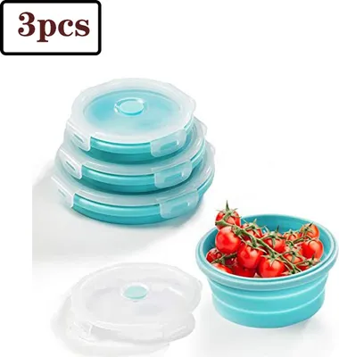 Produktbild von 3 Stück Runde Faltbare Behälter Aus Silikon, Faltbare Frischhalteboxen Aus Silikon Lunchboxen Für Mikrowelle, Kühlschrank, Blau