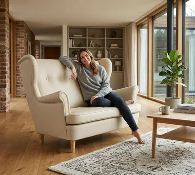 Produktbild von Zweisitzer-Sofa ARI Boston – Gestepptes Ohrensofa, Kunstleder in Beige, Family Meble, KI-generiertes Bild
