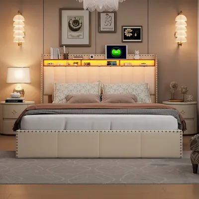 Produktbild von 140x200 cm Stauraumbett, LED-Beleuchtung, Lattenrost, USB-Typ-C-Anschluss, beigefarbener Samtbezug