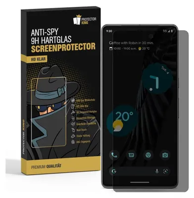 A product box for an anti-spy screen protector is shown next to a smartphone displaying its screen.