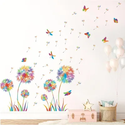 Zdjęcie produktu dla Naklejka ścienna "Pusteblume" (chabazie), przedstawiająca chabazie, motyle, o wymiarach 90x28 cm, idealna do salonu i pokoju dziecięcego