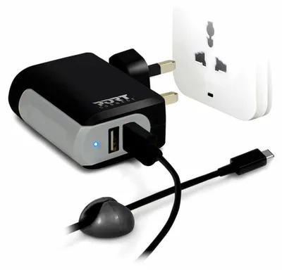Produktbild von Port Designs 900013, Drinnen, AC, Gleichstrom, USB, 5 V, 3,4 A, 1 m, Schwarz, Grau
