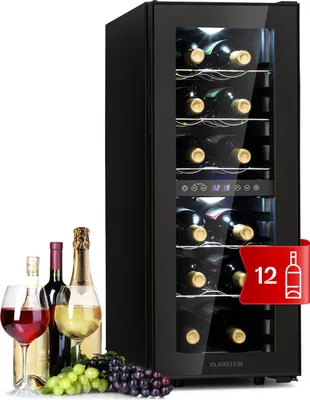 Image de Klarstein Cave a Vin, Réfrigérateur à Vin avec Porte en Verre, Cave à Vin de Vieillissement, Double Zone, Prosecco, Bière, Ecran Tactile, Réfrigérateur Bar, Frigo, Protection UV, 5-18°C, 12 Bouteilles