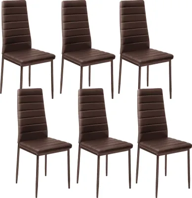 A set of six brown dining chairs arranged in two rows of three against a white background.