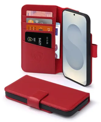 Produktbild von MobyDefend Hülle für Samsung Galaxy S25 - Premium Leder Klapphülle mit Kartenfächern und Standfunktion - Rot