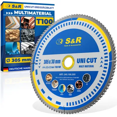 Productafbeelding van S&R cirkelzaagblad, 305 x 30 mm, FWF-design, 100 hardmetalen (wolfraamcarbide) tanden, universeel multizagblad voor hout, 4 mm constructiestaal, non-ferro metalen, kunststof, aluminium. Veelzijdig zaagblad, inclusief verloopringen