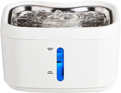 Zdjęcie produktu dla Zabawka wodna dla kotów 2,5 l – cicha, z diodą LED, 1 filtr + 1 gąbka, platforma ze stali nierdzewnej