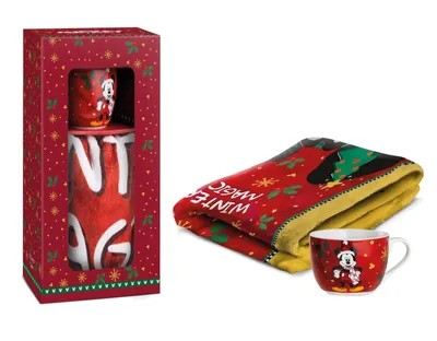 A Disney Mickey Mouse themed blanket and mug set in a gift box.