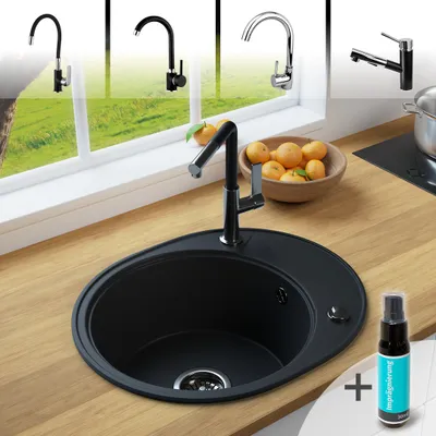 A collage of kitchen sinks and faucets, with a bowl of fruit and a cleaning spray bottle.