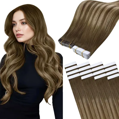 Produktbild von Easyouth Tape on Extensions Echthaar Glue in Haar Extensions Echthaar Farbe Mittelbraun Mix Honigblond und Mittelbraun 22 Zoll 50g Extensions Tape in Echthaar – Größe 55 cm, 1-6 #4/27/4(4/24/4)