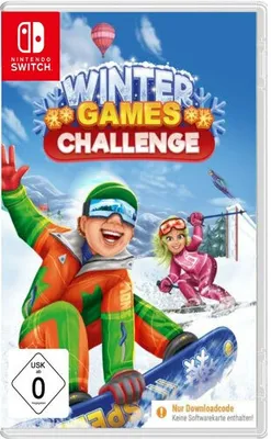 The image shows the cover art for the Nintendo Switch game 'Winter Games Challenge'. It features cartoon characters snowboarding and skiing in a snowy mountain landscape.