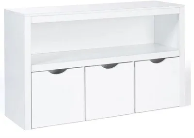 Produktbild von Kinder Opbergkast mit 3 Rädern – Weißer Holz Kinderkoffer – Kinderzimmer Organisationskommode mit Platten – Kinder Spielzeug Organizer – 102 x 33 x 62 cm