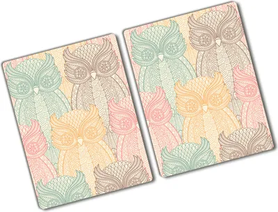 Produktbild von Tulup Glas Herdabdeckplatte - 2x40x52 cm - Glaskeramikkochfeld-Abdeckung Spritzschutz Glasabdeckplatte Kochplattenabdeckung und Schneidebrett - Zweiteilig - Tiere - Eulen - Mehrfarbig