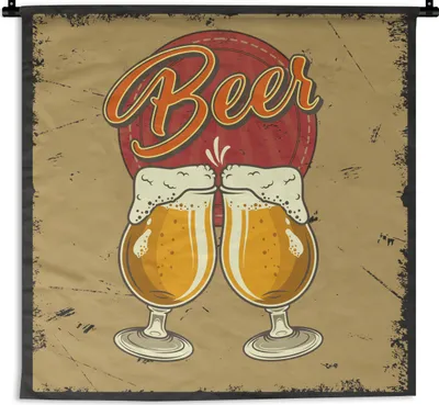 Produktbild von MuchoWow® Wandteppich Wandbehang Mannshöhle - Bier - Glas - Retro 60x60 cm Tapisserie Dekoration Wandtuch - Dekorationen - Wand Decke