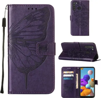 Produktbild von Galaxy A21 Hülle, Schmetterling Prägung Flip Leder Kartenfächer Schutzhülle Ledertasche mit Ständer für Samsung Galaxy A21 Lila