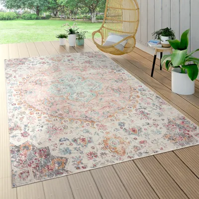Produktbild von Outdoor Teppich Wetterfest Balkon Küche Orient Muster Vintage Pink Creme Beige Grösse 60x100 cm