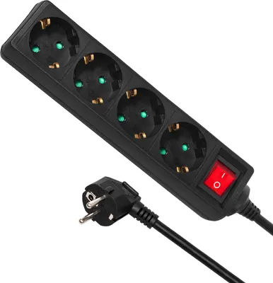 A black power strip with four sockets and a red on/off switch, along with its plug, is shown against a white background.
