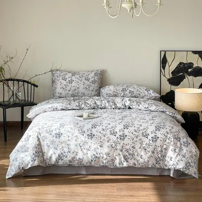 Immagine prodotto di Set di lenzuola 220x240 cm, bianco e blu, 100% cotone, motivo floreale, 3 pezzi con cerniera