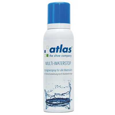 A white spray can with a blue cap, labeled with product information and a graphic of splashing water.