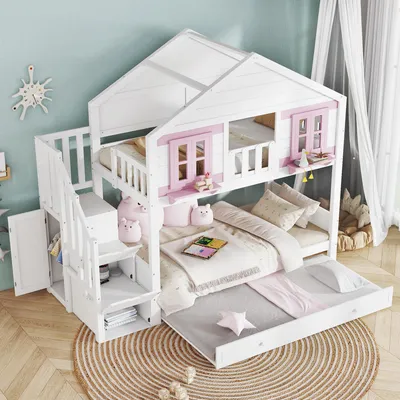 Produktbild von okwish Etagenbett Kinderbett 90x200 cm mit Ausziehbett,Hausbett,Doppelbett mit Kleideraufhängebereich,Holzbett mit Schöne Fenster und Dach,Weiß + Rosa(mit Matratze)