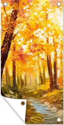 Produktbild von MuchoWow® 40x80 cm Outdoor-Poster Gartendeko Sichtschutz Garten Poster für den Garten  Gemälde - Herbst - Wald - Ölgemälde