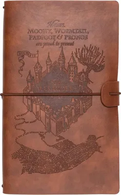 A brown leather-bound journal with an embossed design of Hogwarts castle and the Marauder's Map.