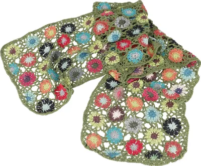 Produktbild von Häkelschal mit Bunten Blümchen, Boho Schal - Grün, Uni, Baumwolle, 170*30 cm, Schals