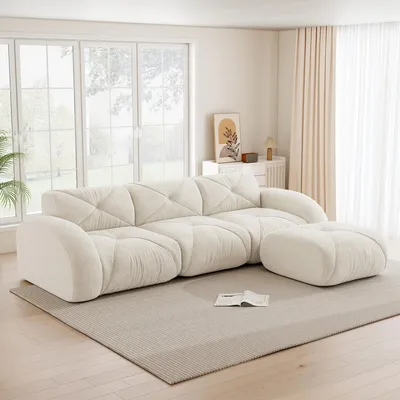 Produktbild von Modulares Sofa, L-förmiges Sofa, L-förmiger Sessel, modulares Sofa, 3-Sitzer-Sofa, Sofa Chenille, Dreisitzer-Kombinationssofa geeignet für das Wohnzimmer, rutschfeste Unterseite, keine Montage erforderlich, modulares Sofa mit Fußstütze, Weiß