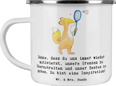 Produktbild von Mr. & Mrs. Panda becher emaille Badminton Trainerin Inspiration - Weiß - Geschenk, Danksagung, Pott, Teetasse, Mentorin, Tasse, Sportarten, Sportart, Präzision, Technik