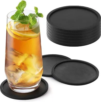 Image de 8 dessous de verre ronds en silicone pour boissons, protégeant le bois, le verre ou le marbre